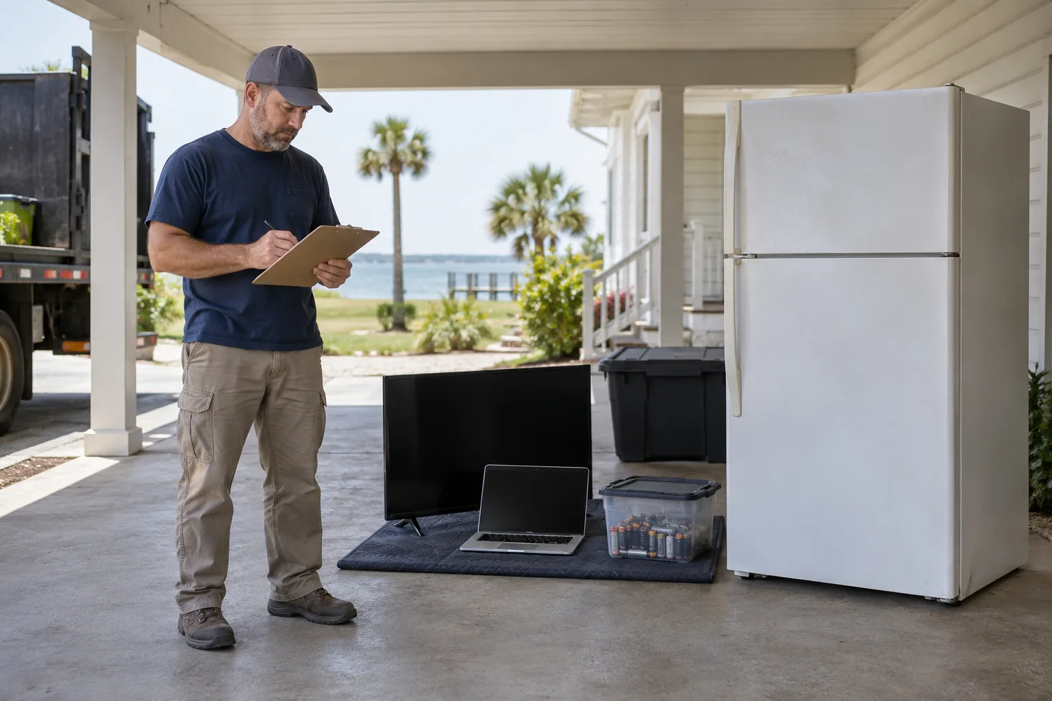 Appliance and electronics grouped separately under a carport