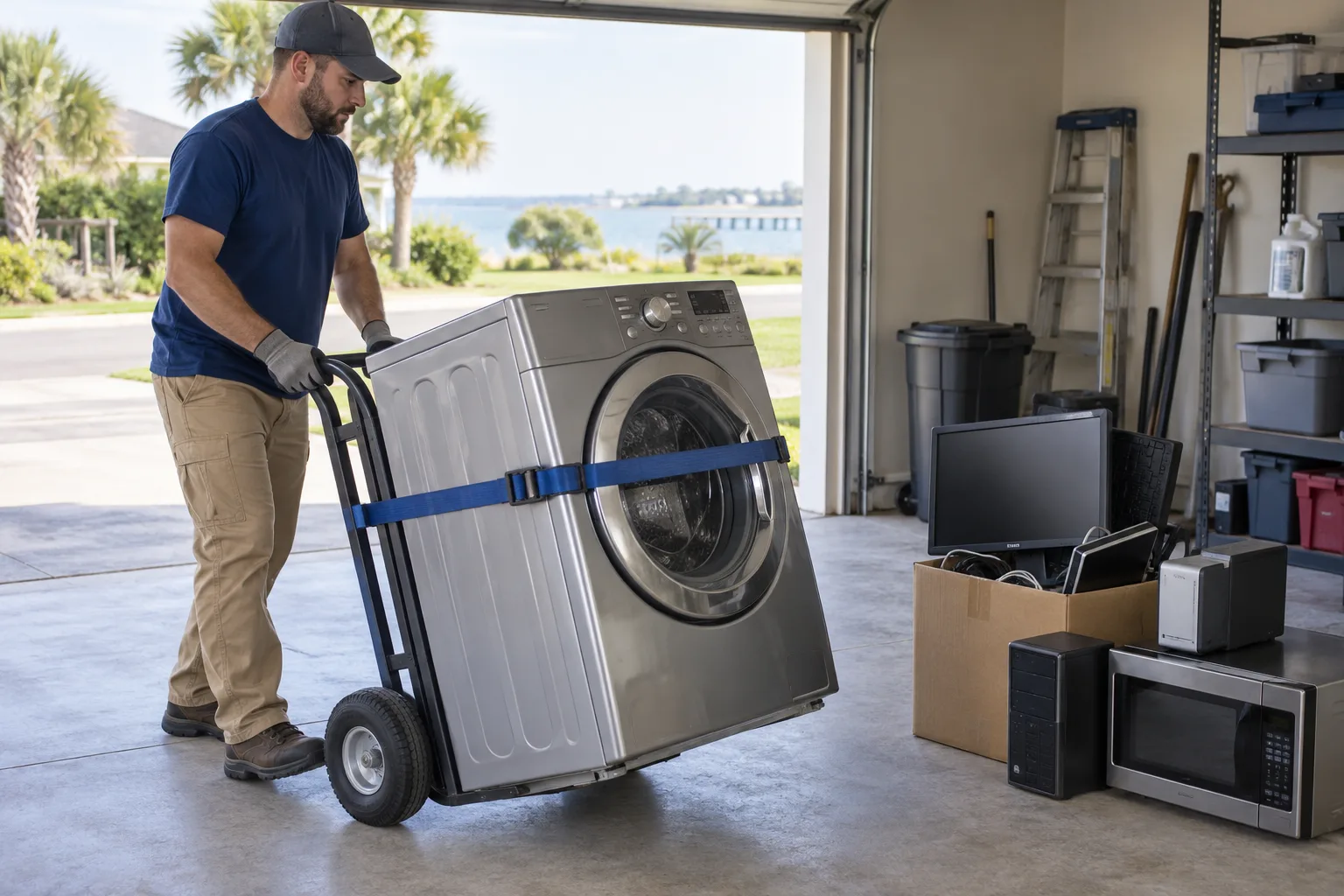 Worker moving a washing machine on a strapped hand truck