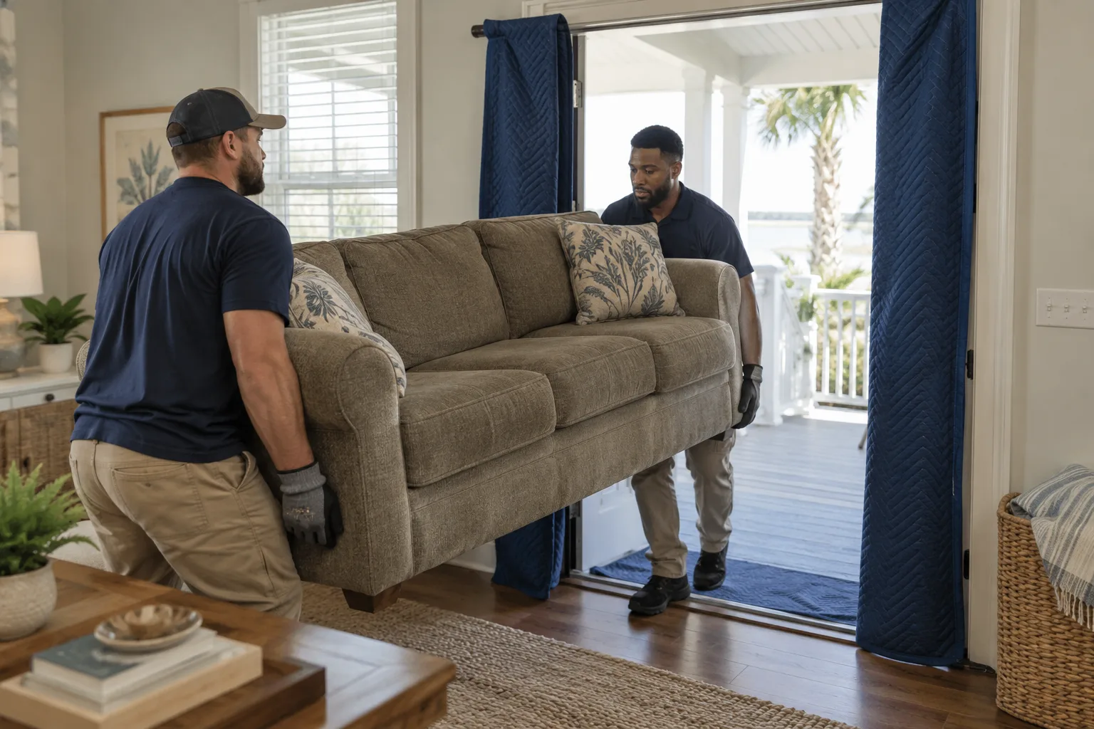 Two workers carrying a sofa through a protected doorway