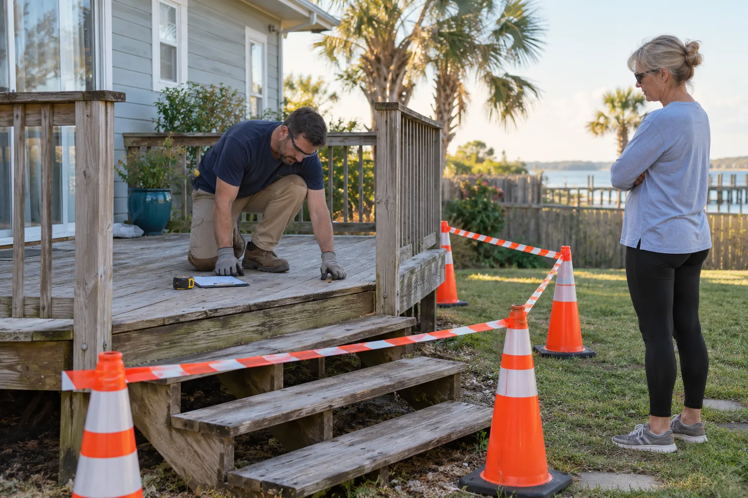 Worker assessing a small deck inside a marked work zone