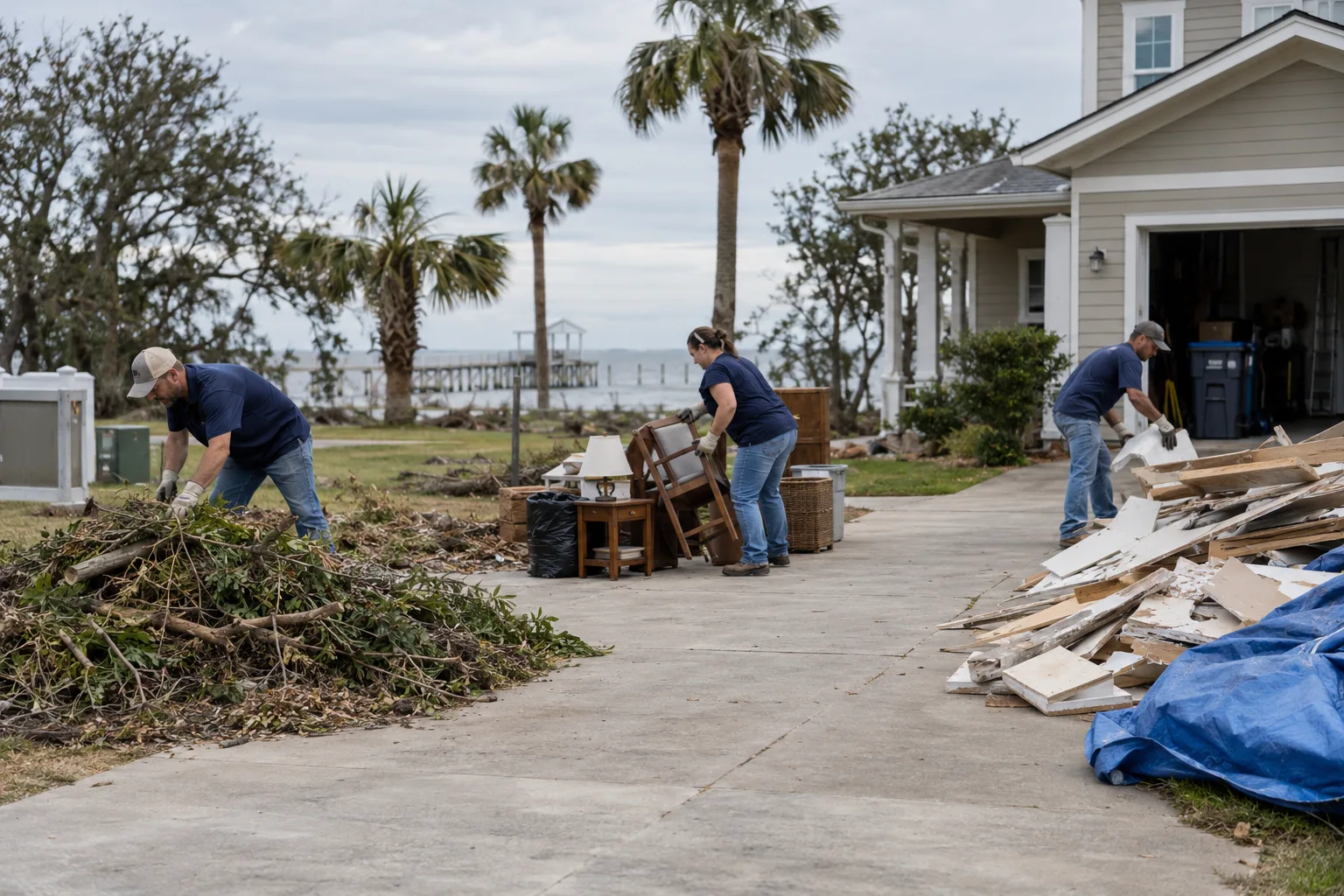 Workers sorting storm debris into separate material groups