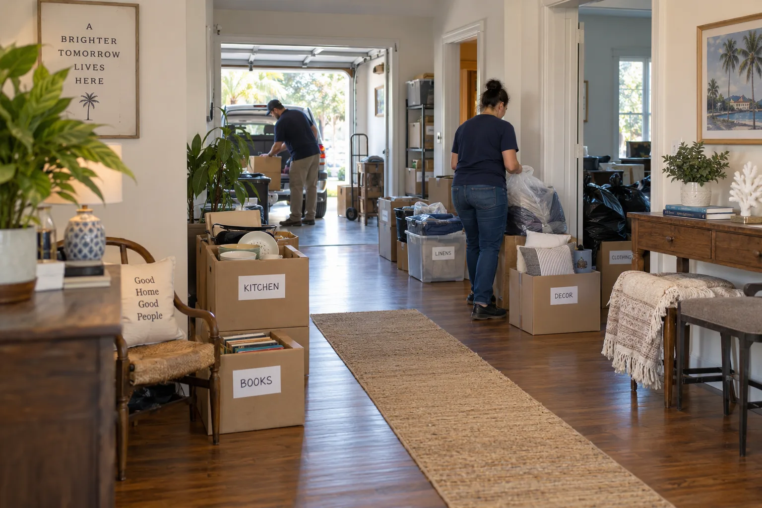 Workers sorting household items around a clear hallway